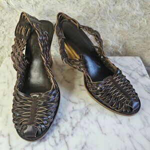 Michael Michael Kors Women's  Black Weave Leather Upper Wooden Platform Sandal 7